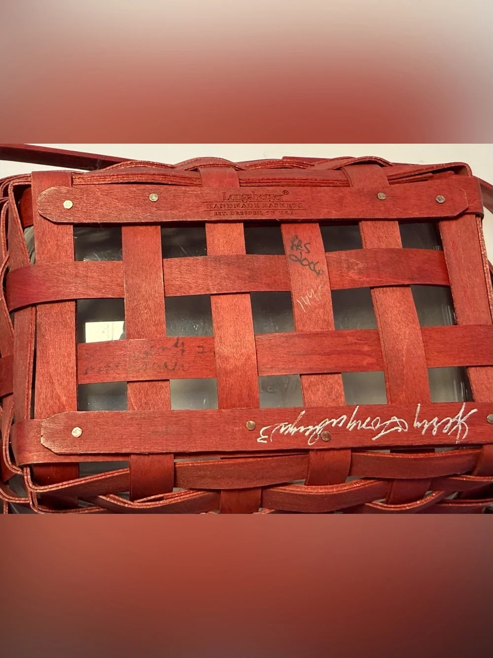 Longaberger Red Woven Memory Basket 2006 with Metal Nameplate and plastic liner